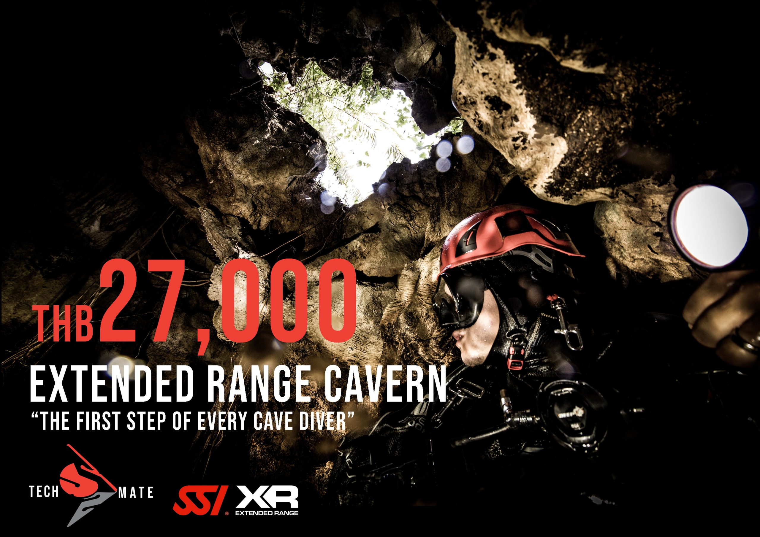 Diver ascending toward a cavern skylight opening, Extended Range Cavern course