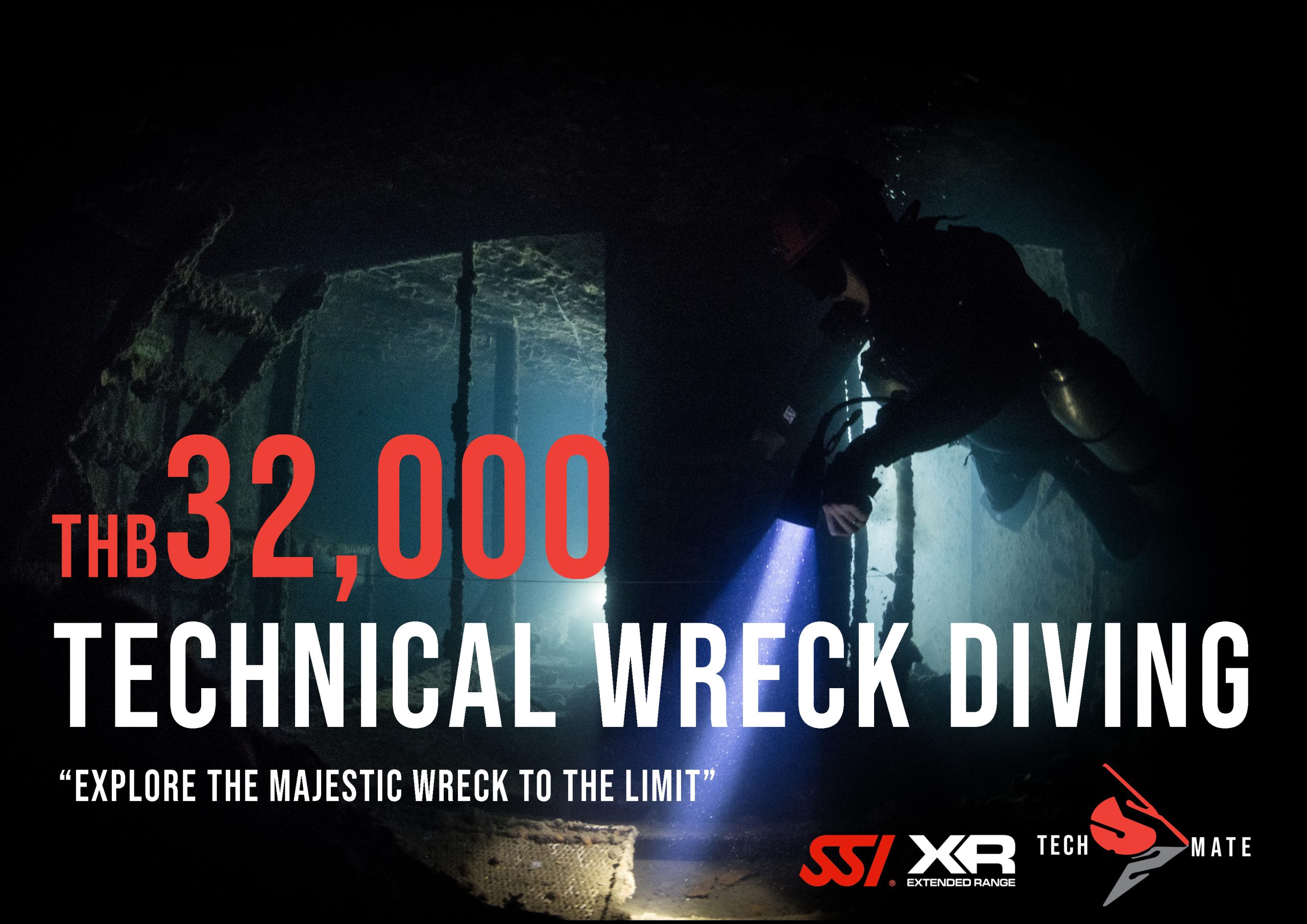 Technical diver with light inside a large wreck compartment, Technical Wreck Diving course