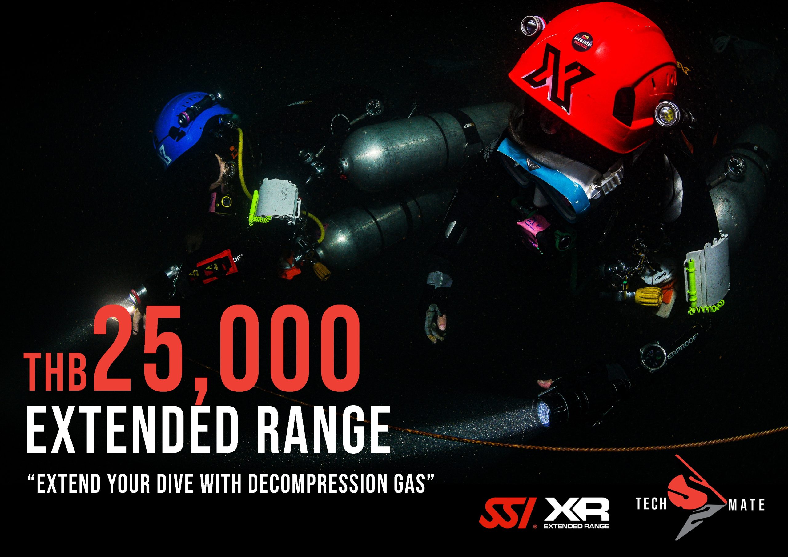 Technical divers with stage cylinders, Extended Range Air / Trimix course